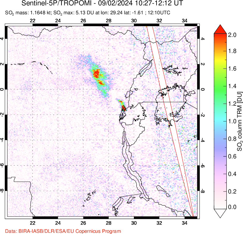 A sulfur dioxide image over Nyiragongo, DR Congo on Sep 02, 2024.