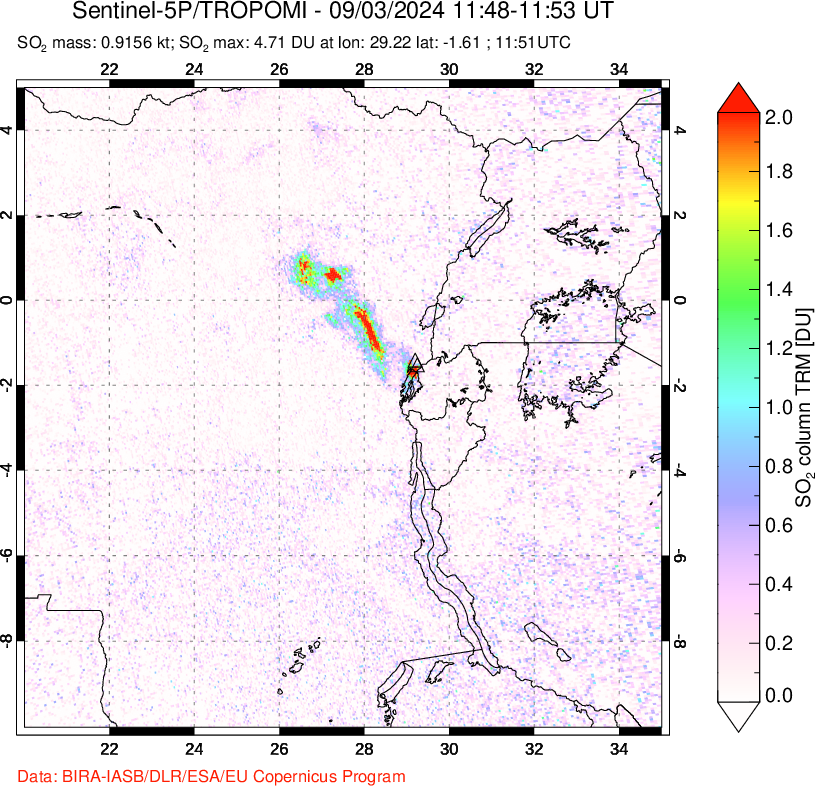 A sulfur dioxide image over Nyiragongo, DR Congo on Sep 03, 2024.