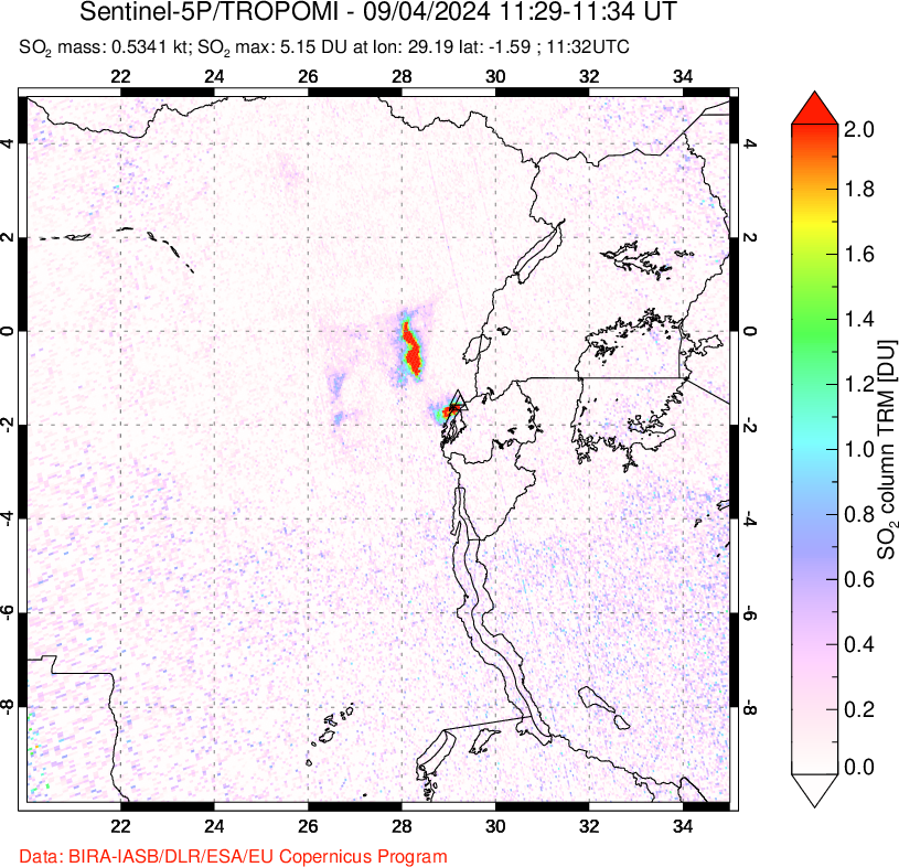 A sulfur dioxide image over Nyiragongo, DR Congo on Sep 04, 2024.