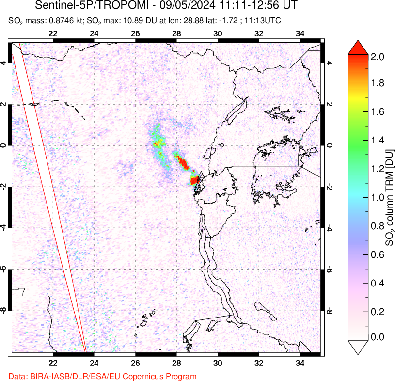 A sulfur dioxide image over Nyiragongo, DR Congo on Sep 05, 2024.