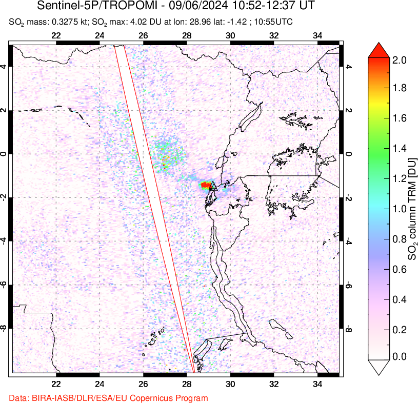 A sulfur dioxide image over Nyiragongo, DR Congo on Sep 06, 2024.