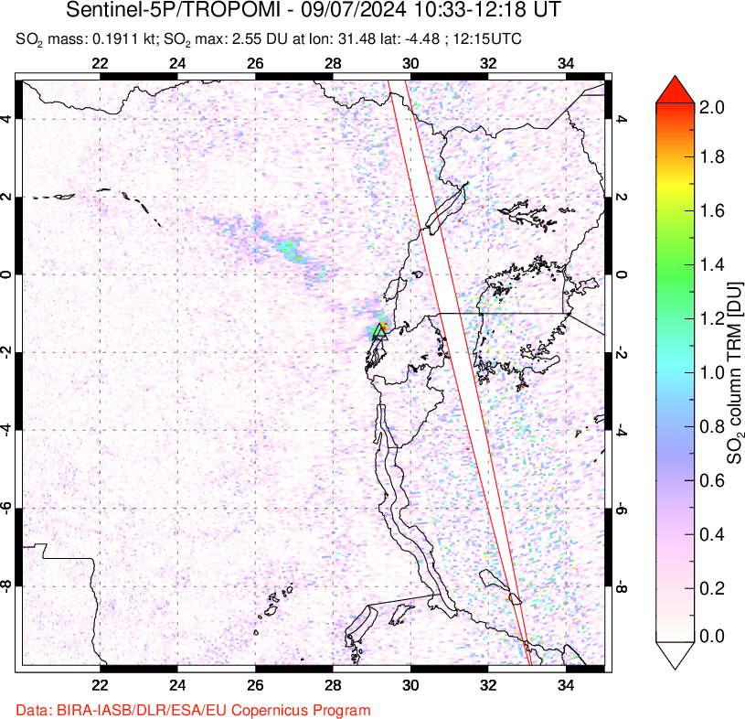 A sulfur dioxide image over Nyiragongo, DR Congo on Sep 07, 2024.