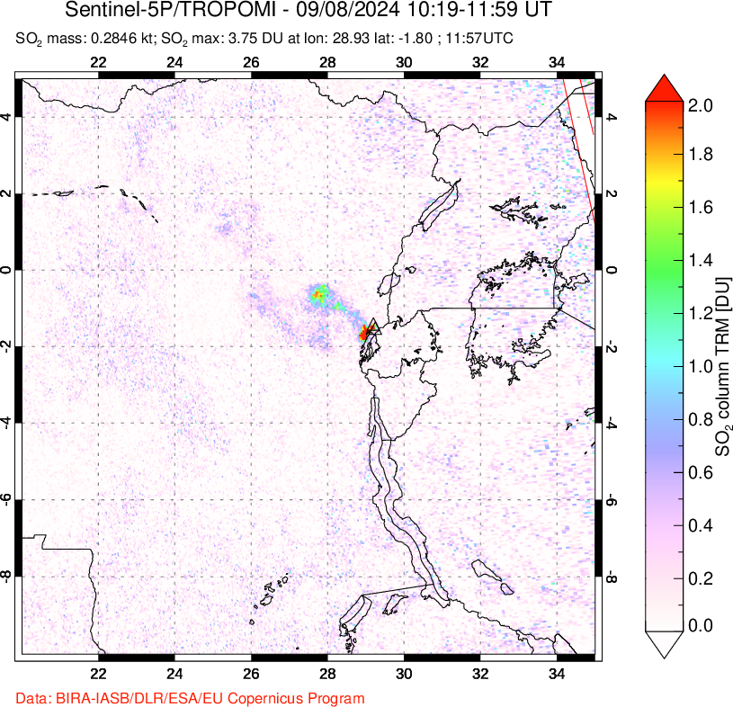 A sulfur dioxide image over Nyiragongo, DR Congo on Sep 08, 2024.