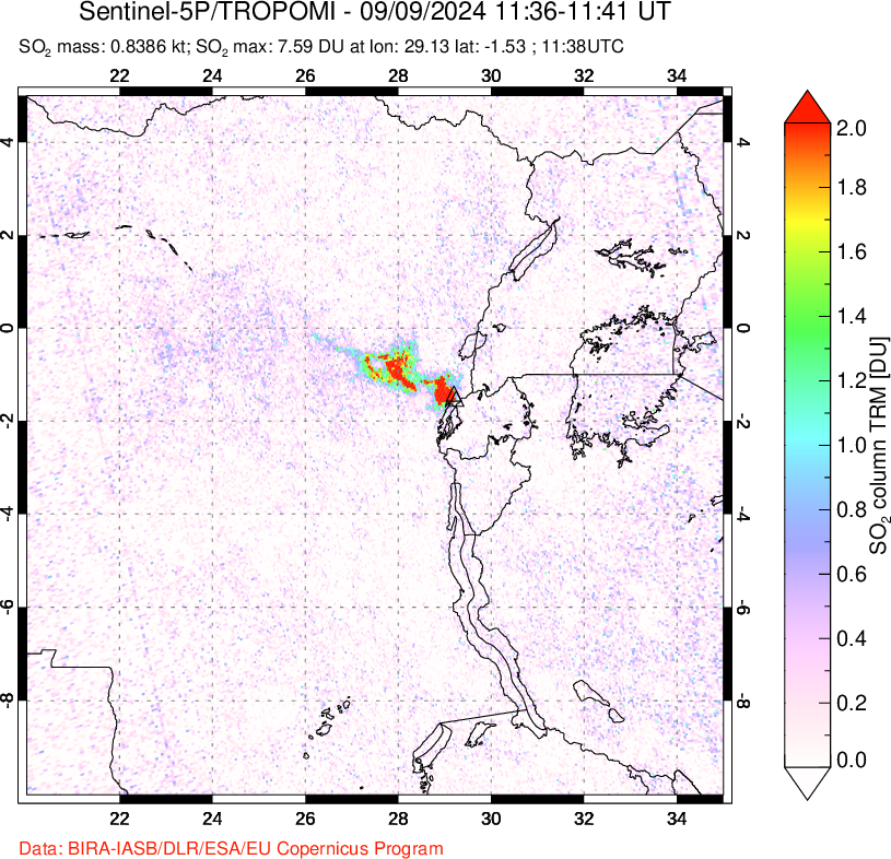 A sulfur dioxide image over Nyiragongo, DR Congo on Sep 09, 2024.