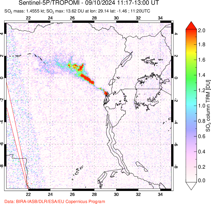 A sulfur dioxide image over Nyiragongo, DR Congo on Sep 10, 2024.