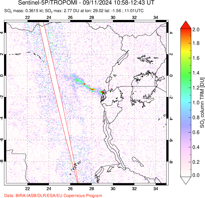 A sulfur dioxide image over Nyiragongo, DR Congo on Sep 11, 2024.