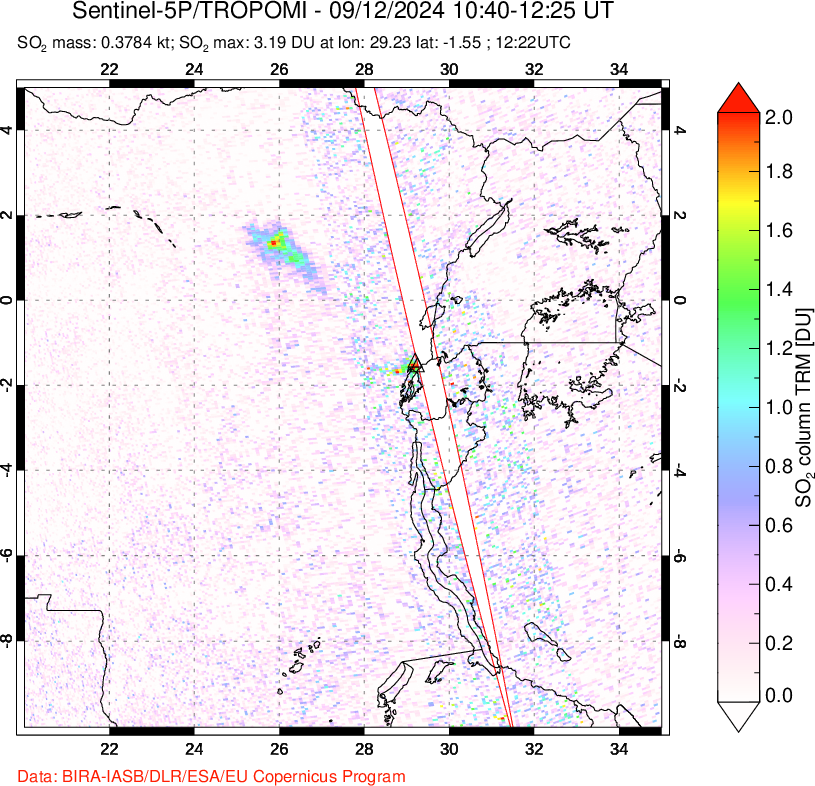 A sulfur dioxide image over Nyiragongo, DR Congo on Sep 12, 2024.