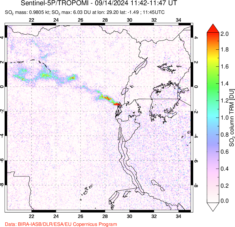 A sulfur dioxide image over Nyiragongo, DR Congo on Sep 14, 2024.