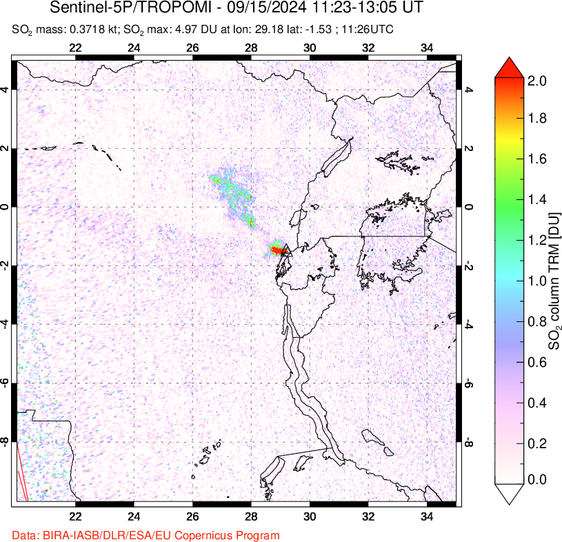 A sulfur dioxide image over Nyiragongo, DR Congo on Sep 15, 2024.