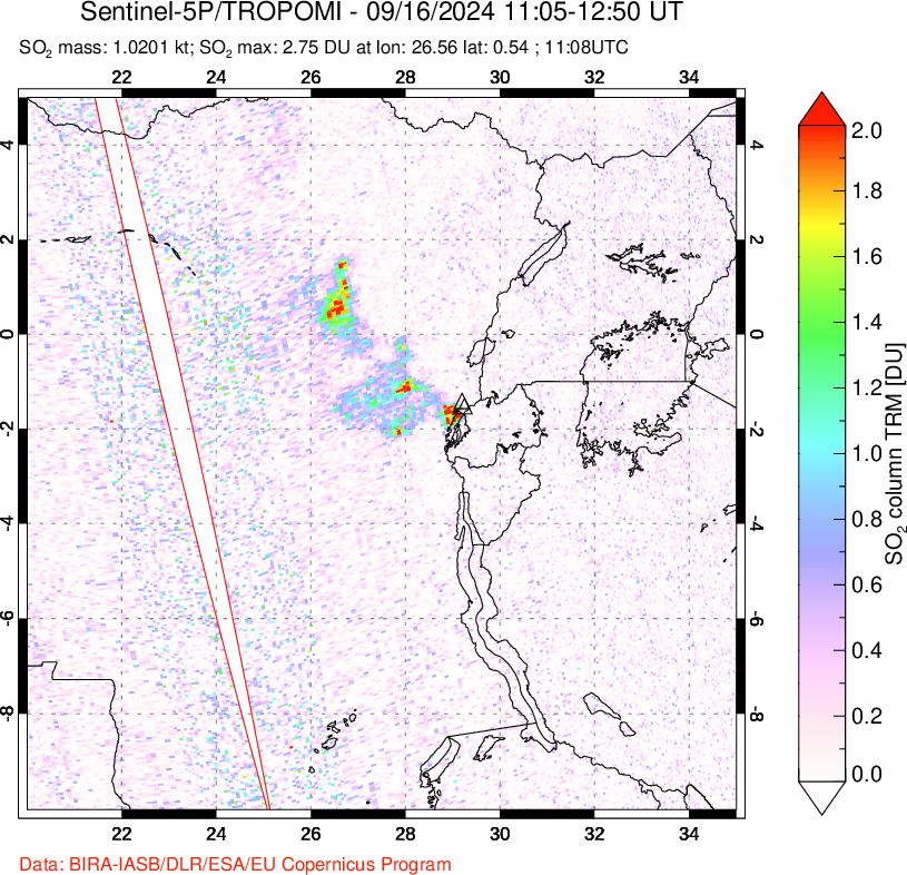 A sulfur dioxide image over Nyiragongo, DR Congo on Sep 16, 2024.