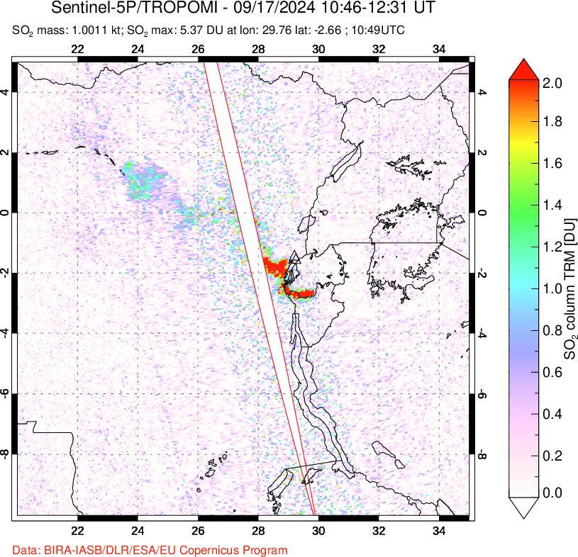 A sulfur dioxide image over Nyiragongo, DR Congo on Sep 17, 2024.