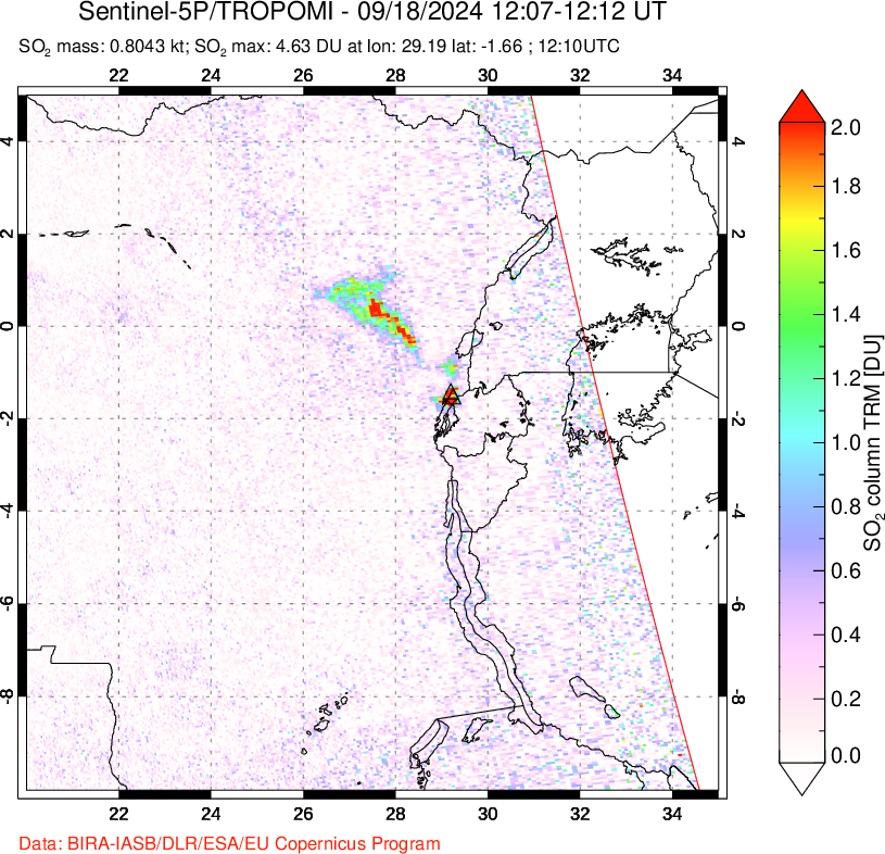 A sulfur dioxide image over Nyiragongo, DR Congo on Sep 18, 2024.