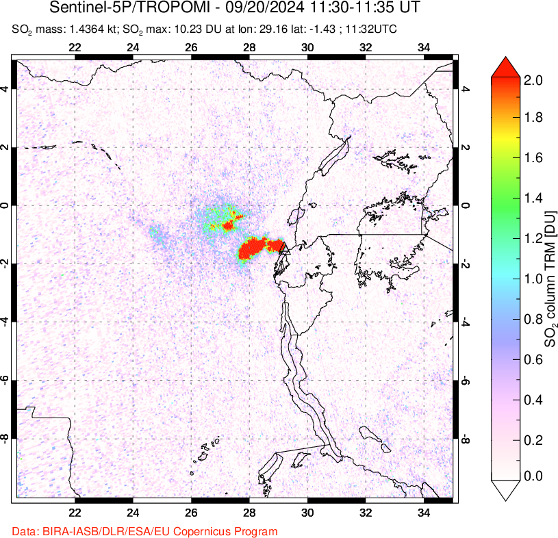 A sulfur dioxide image over Nyiragongo, DR Congo on Sep 20, 2024.