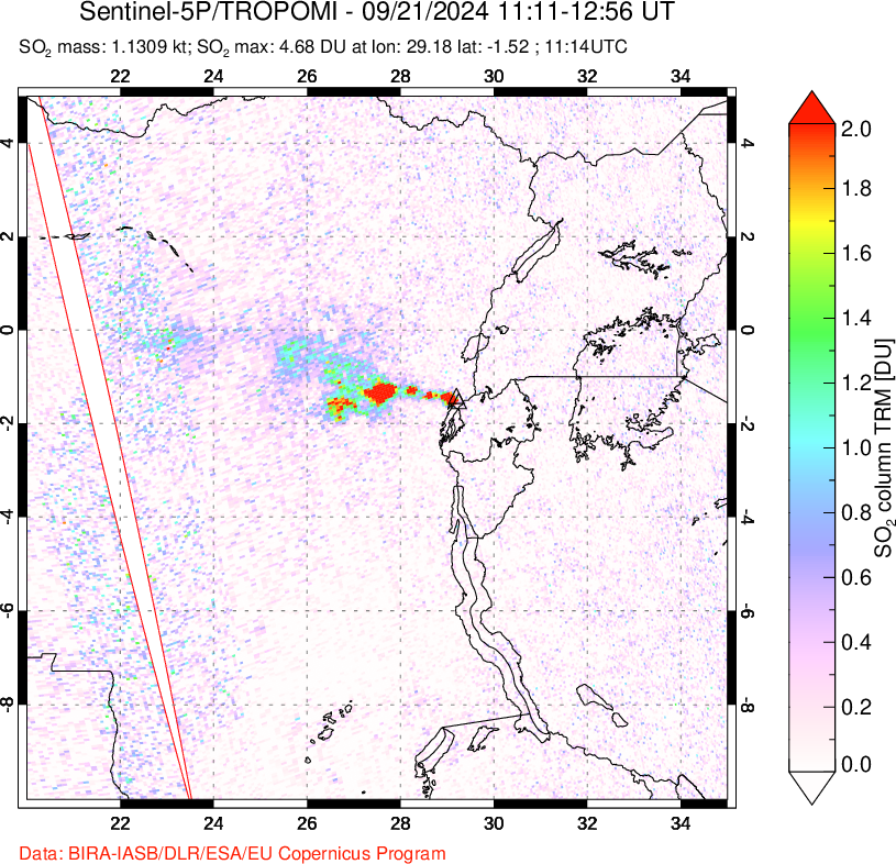 A sulfur dioxide image over Nyiragongo, DR Congo on Sep 21, 2024.