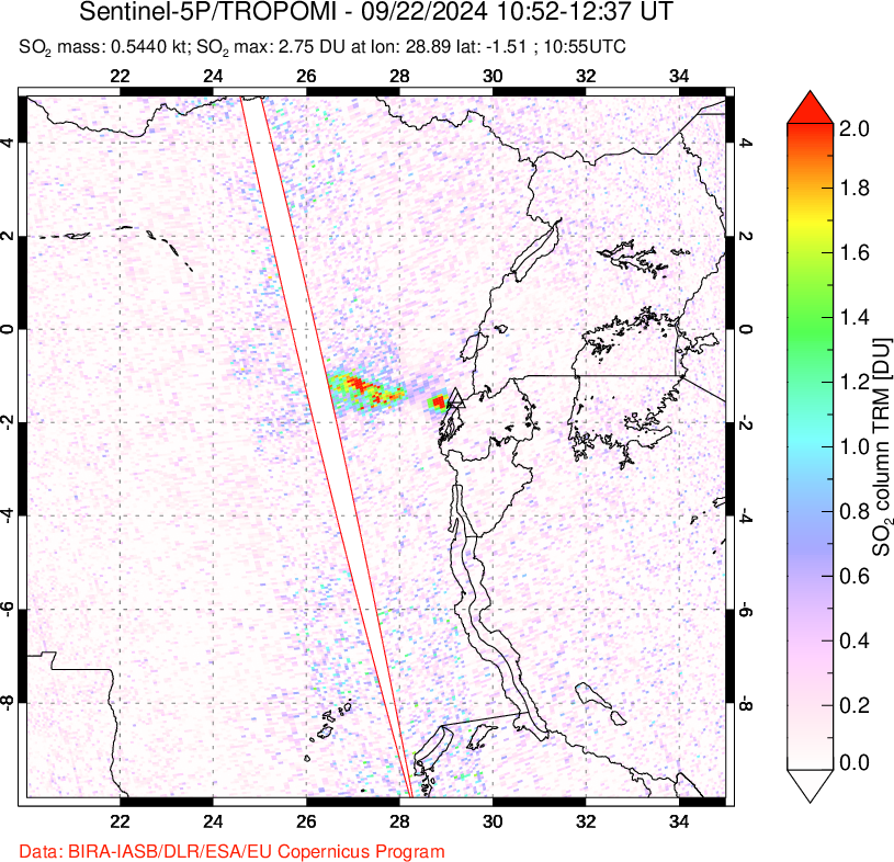 A sulfur dioxide image over Nyiragongo, DR Congo on Sep 22, 2024.