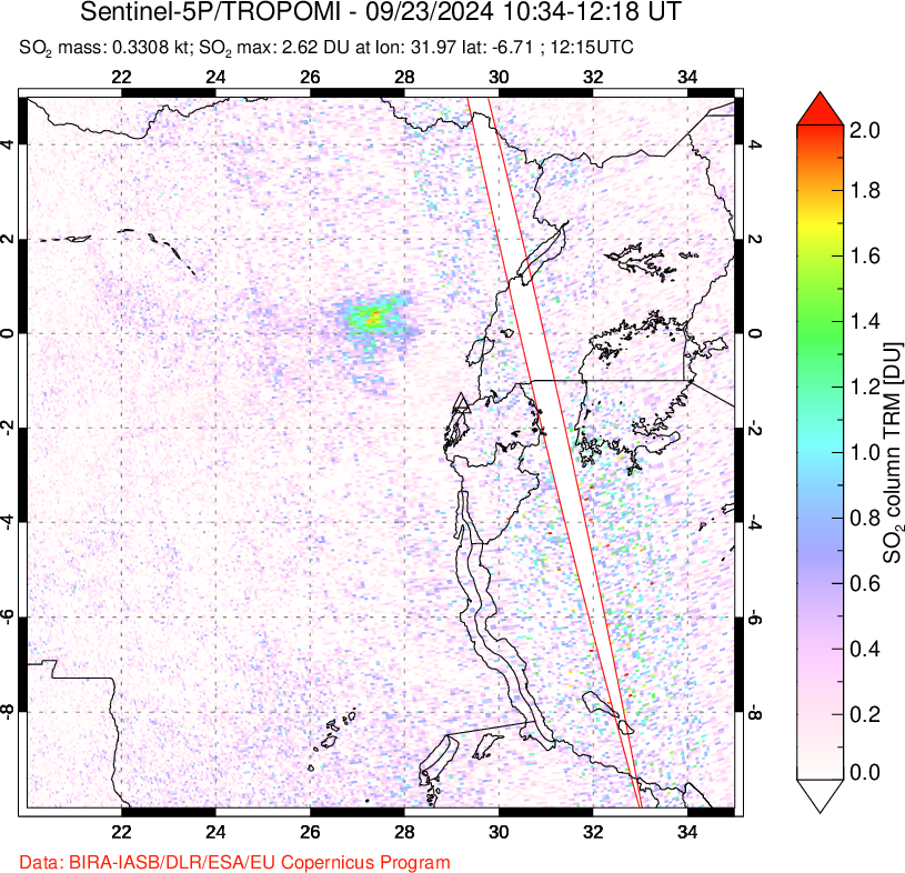 A sulfur dioxide image over Nyiragongo, DR Congo on Sep 23, 2024.