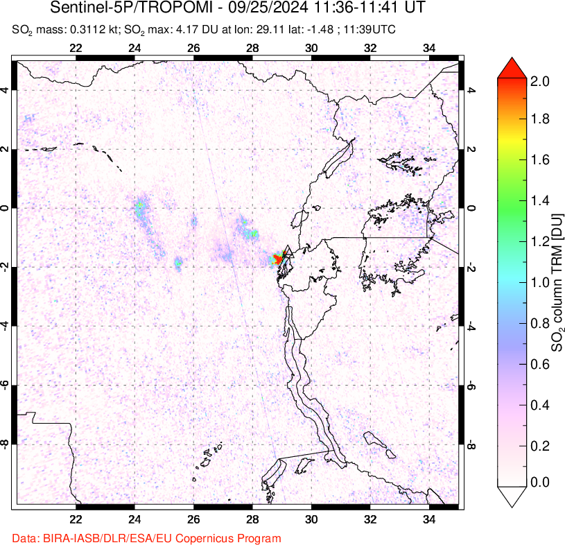 A sulfur dioxide image over Nyiragongo, DR Congo on Sep 25, 2024.