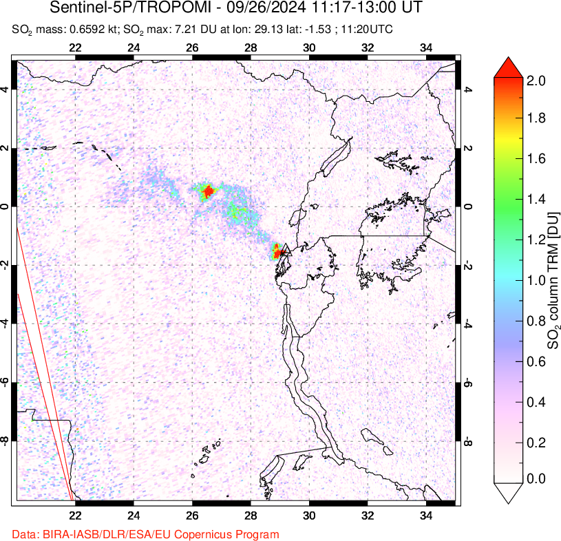 A sulfur dioxide image over Nyiragongo, DR Congo on Sep 26, 2024.