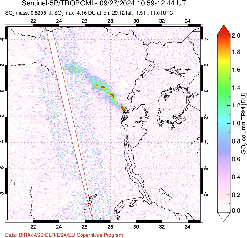 A sulfur dioxide image over Nyiragongo, DR Congo on Sep 27, 2024.