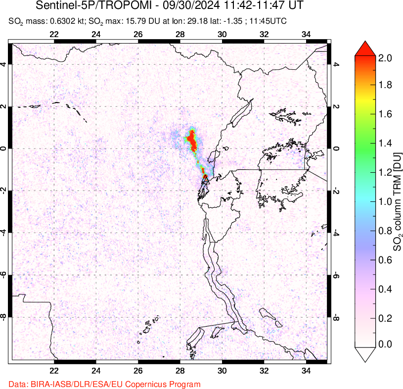 A sulfur dioxide image over Nyiragongo, DR Congo on Sep 30, 2024.