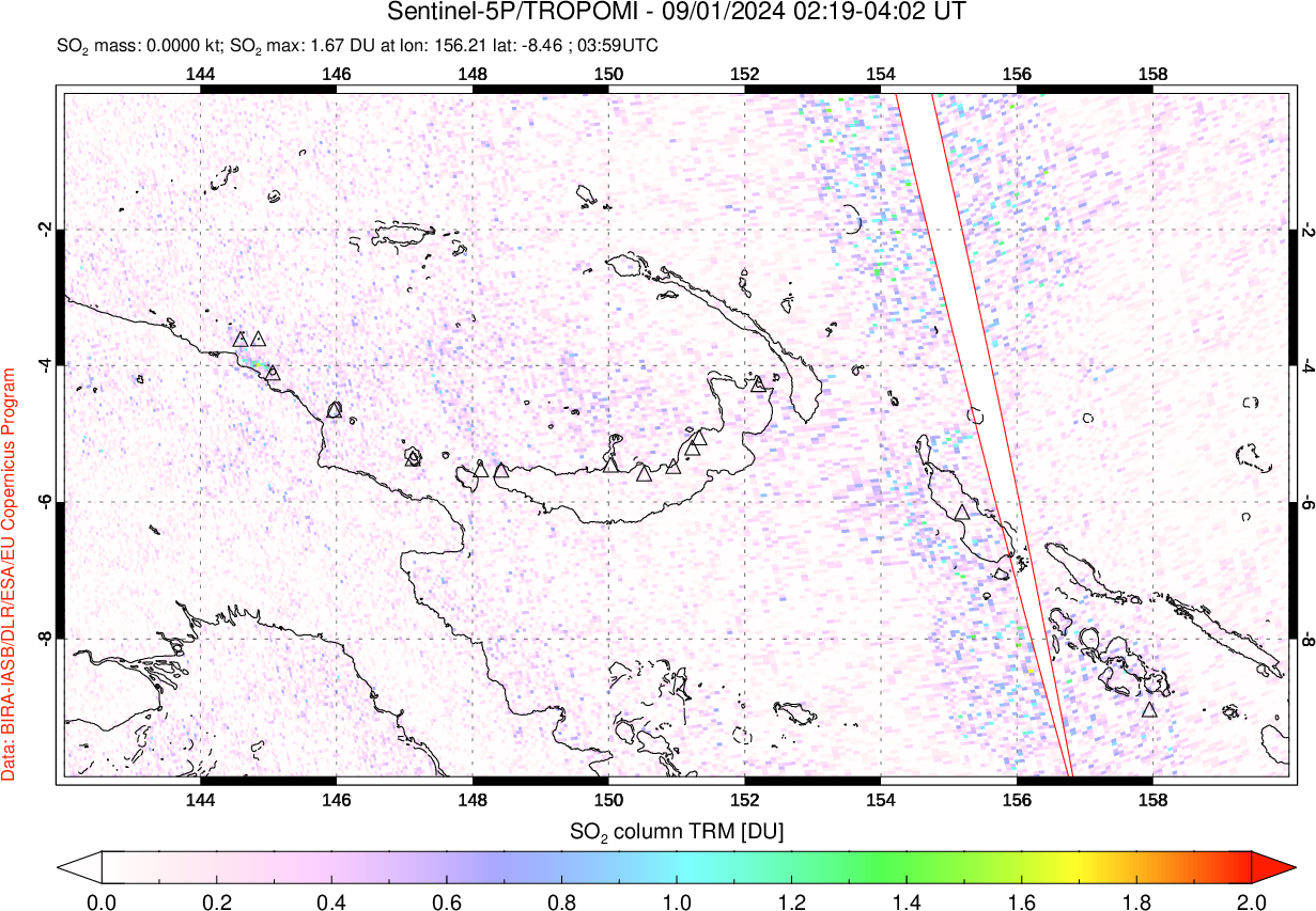 A sulfur dioxide image over Papua, New Guinea on Sep 01, 2024.