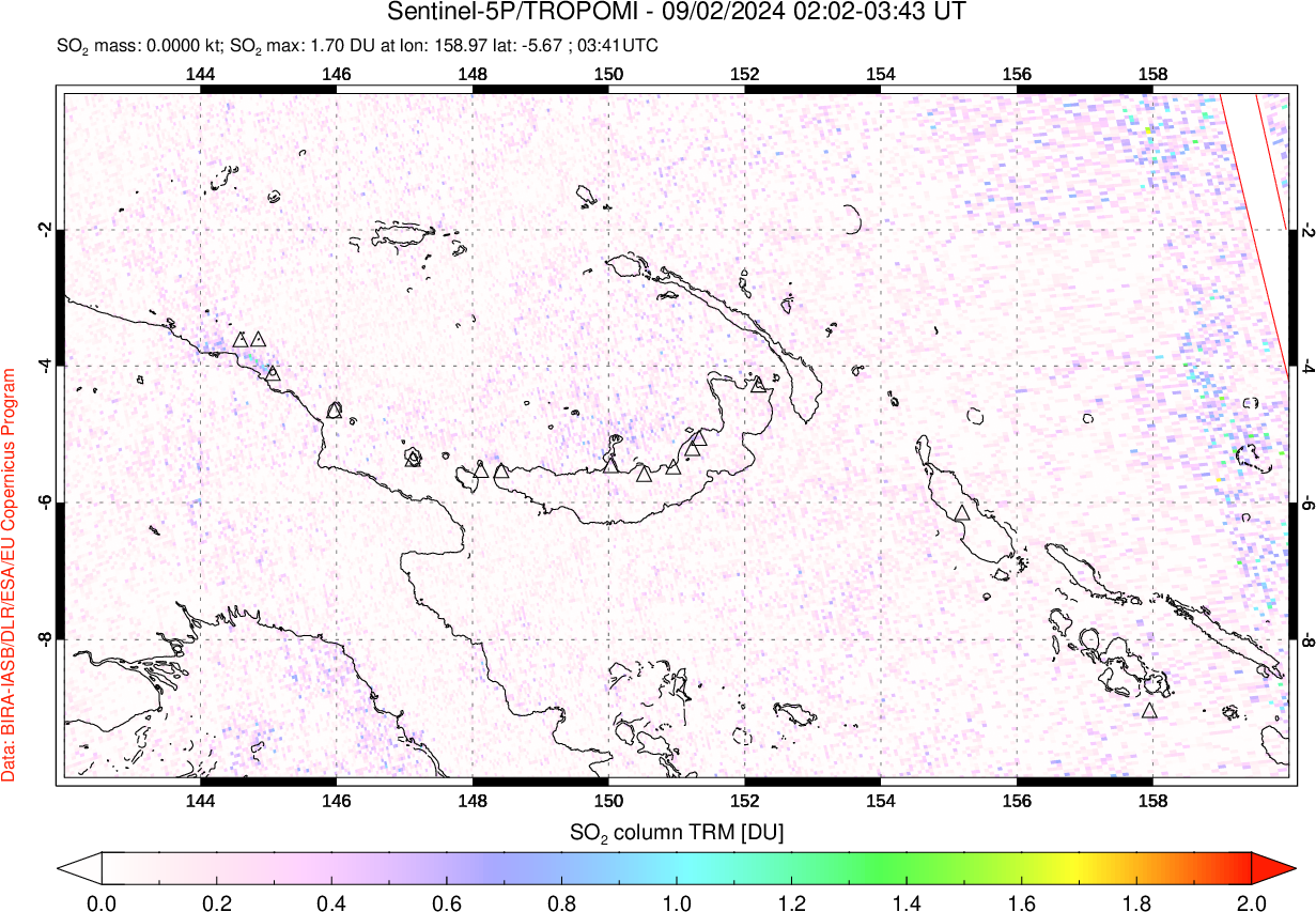 A sulfur dioxide image over Papua, New Guinea on Sep 02, 2024.