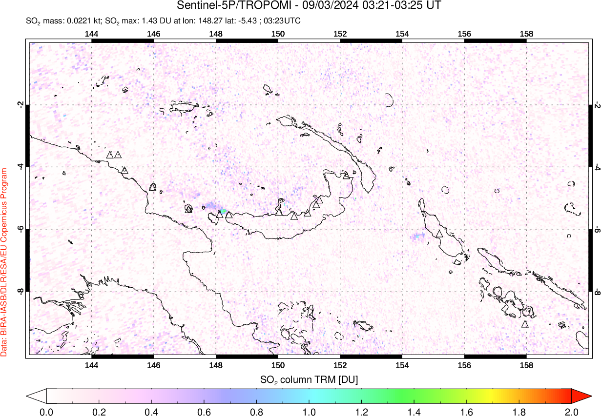 A sulfur dioxide image over Papua, New Guinea on Sep 03, 2024.