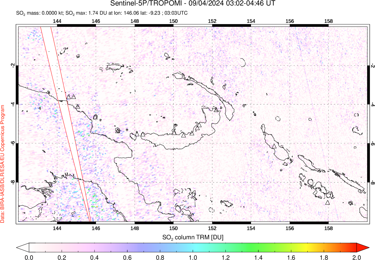 A sulfur dioxide image over Papua, New Guinea on Sep 04, 2024.