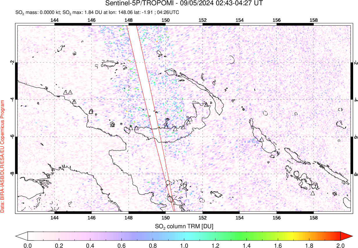 A sulfur dioxide image over Papua, New Guinea on Sep 05, 2024.