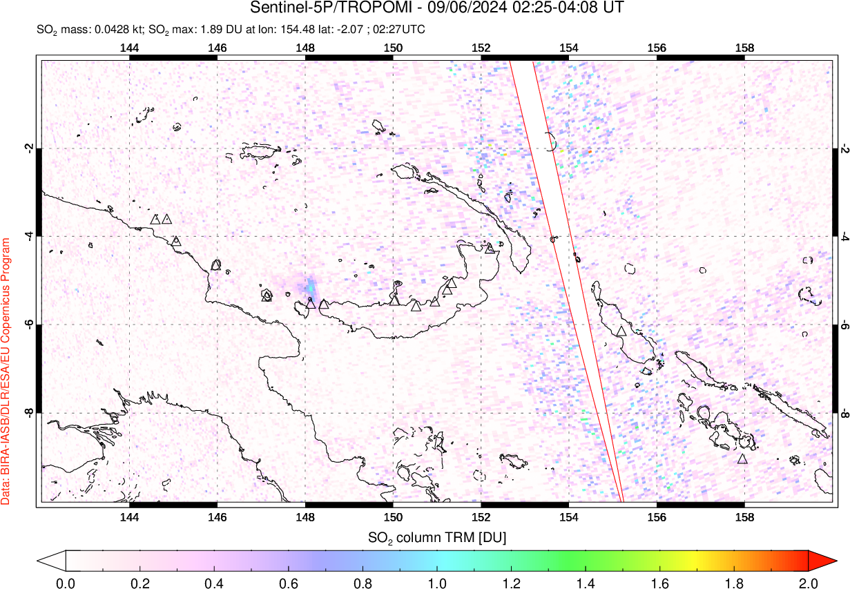 A sulfur dioxide image over Papua, New Guinea on Sep 06, 2024.