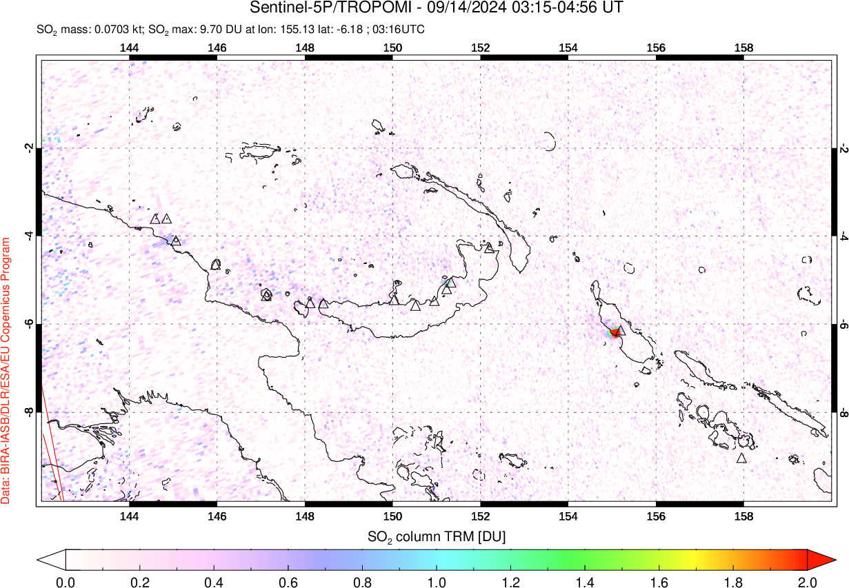 A sulfur dioxide image over Papua, New Guinea on Sep 14, 2024.