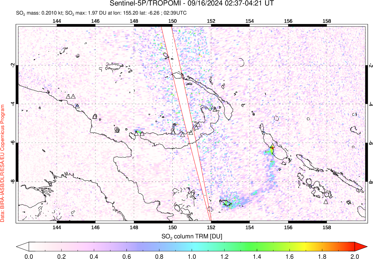 A sulfur dioxide image over Papua, New Guinea on Sep 16, 2024.