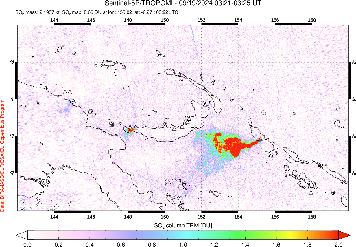 A sulfur dioxide image over Papua, New Guinea on Sep 19, 2024.