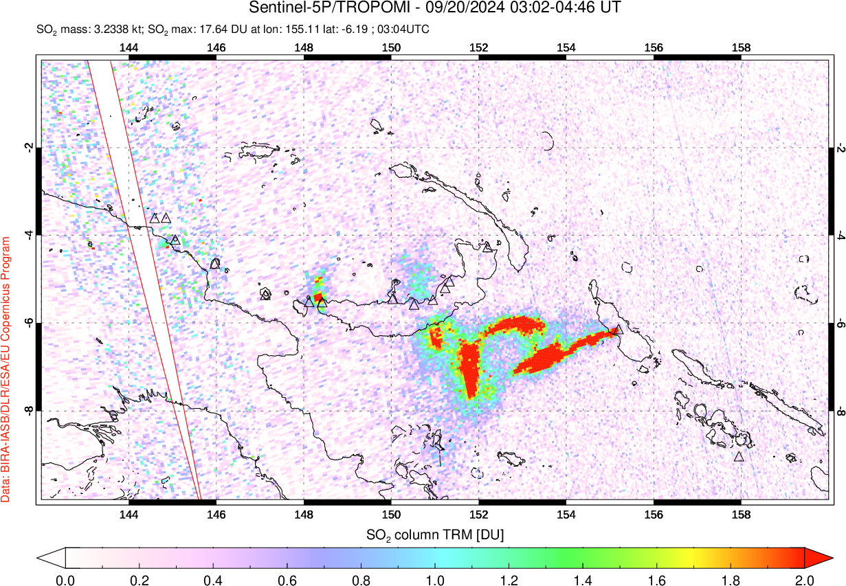 A sulfur dioxide image over Papua, New Guinea on Sep 20, 2024.