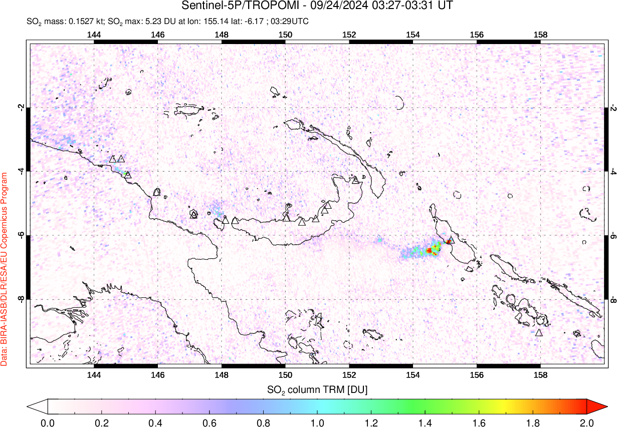 A sulfur dioxide image over Papua, New Guinea on Sep 24, 2024.