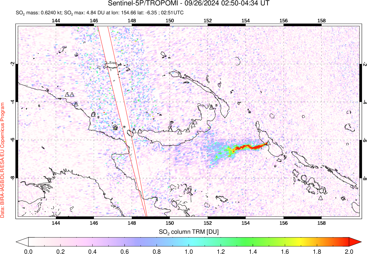 A sulfur dioxide image over Papua, New Guinea on Sep 26, 2024.