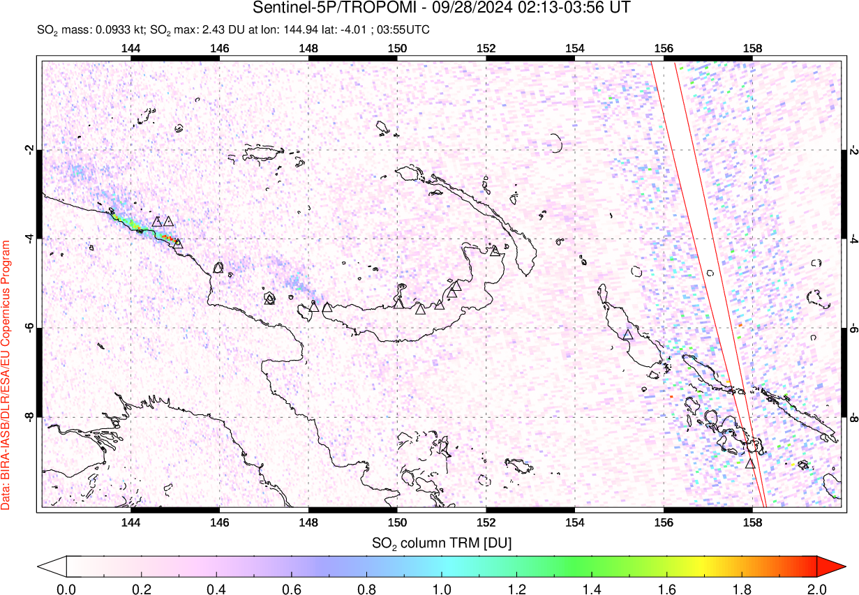 A sulfur dioxide image over Papua, New Guinea on Sep 28, 2024.