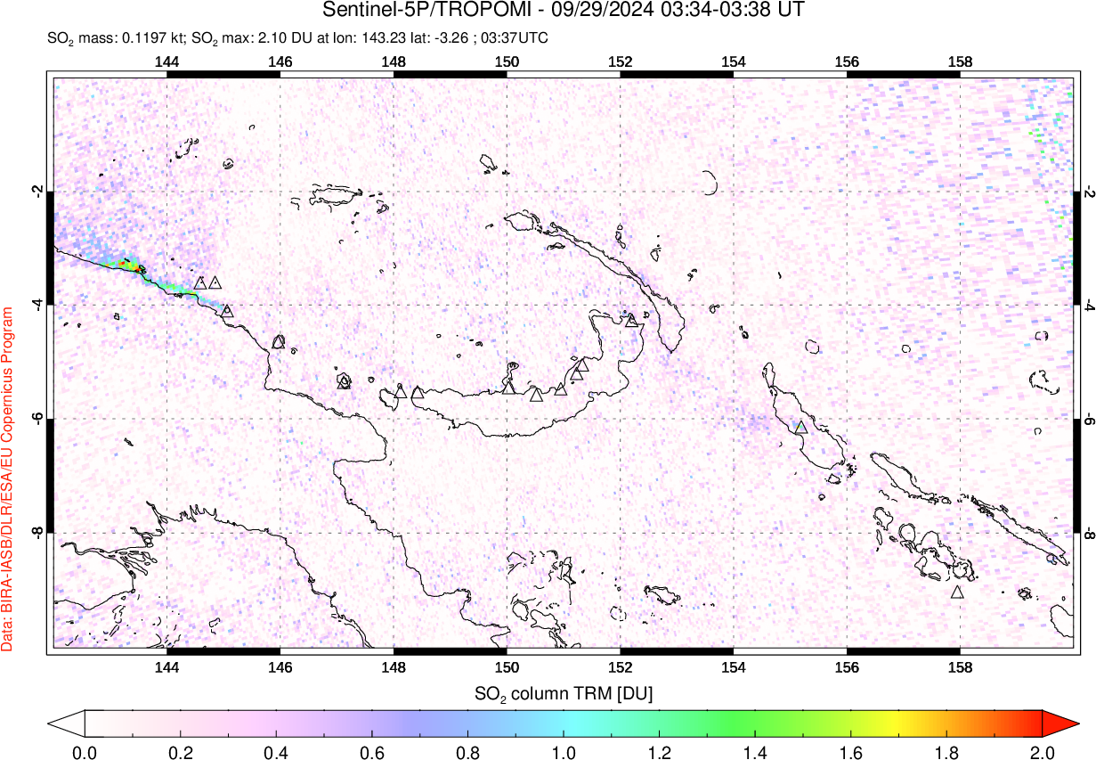 A sulfur dioxide image over Papua, New Guinea on Sep 29, 2024.