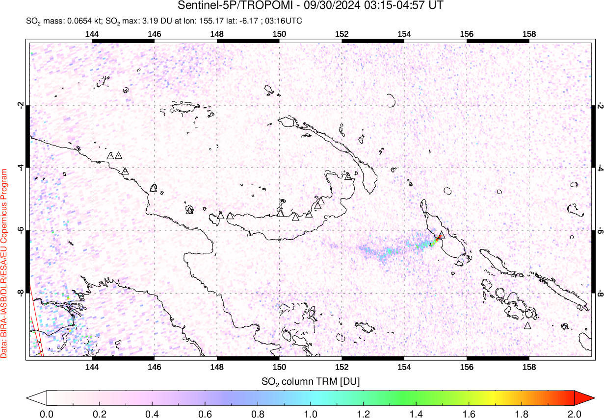 A sulfur dioxide image over Papua, New Guinea on Sep 30, 2024.