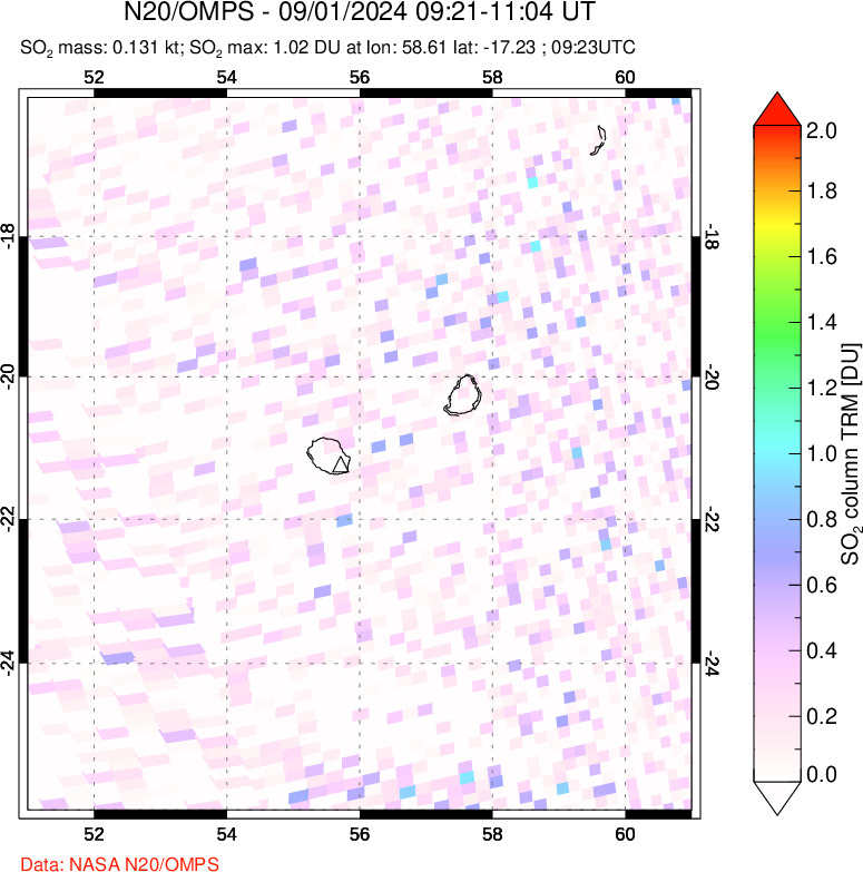 A sulfur dioxide image over Reunion Island, Indian Ocean on Sep 01, 2024.