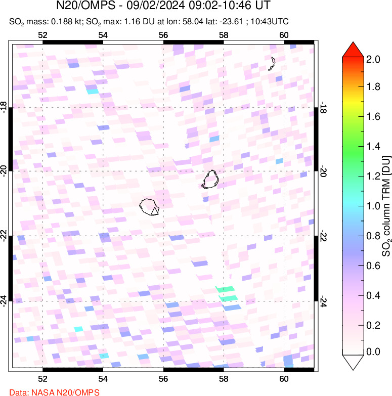 A sulfur dioxide image over Reunion Island, Indian Ocean on Sep 02, 2024.