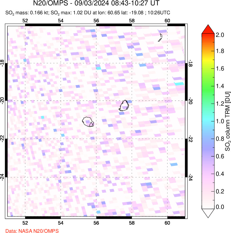 A sulfur dioxide image over Reunion Island, Indian Ocean on Sep 03, 2024.