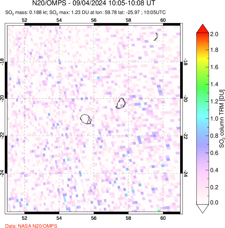 A sulfur dioxide image over Reunion Island, Indian Ocean on Sep 04, 2024.