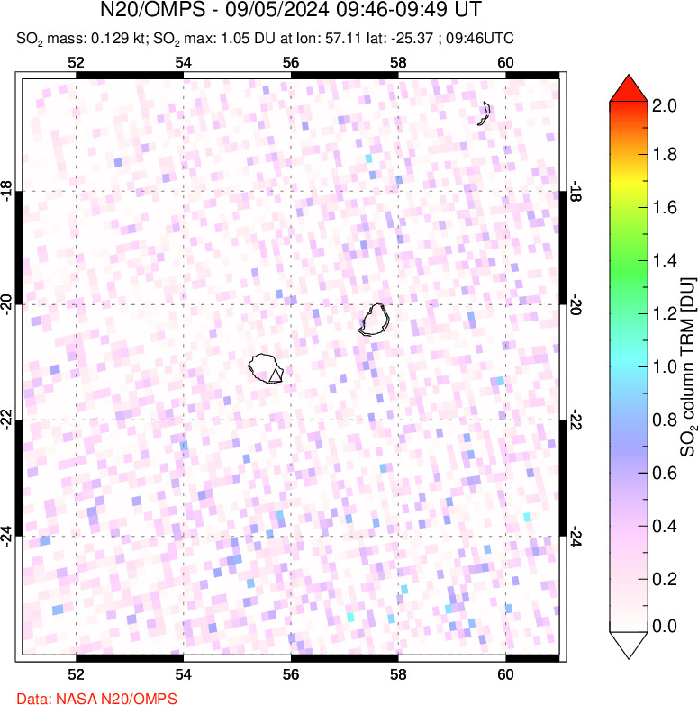 A sulfur dioxide image over Reunion Island, Indian Ocean on Sep 05, 2024.