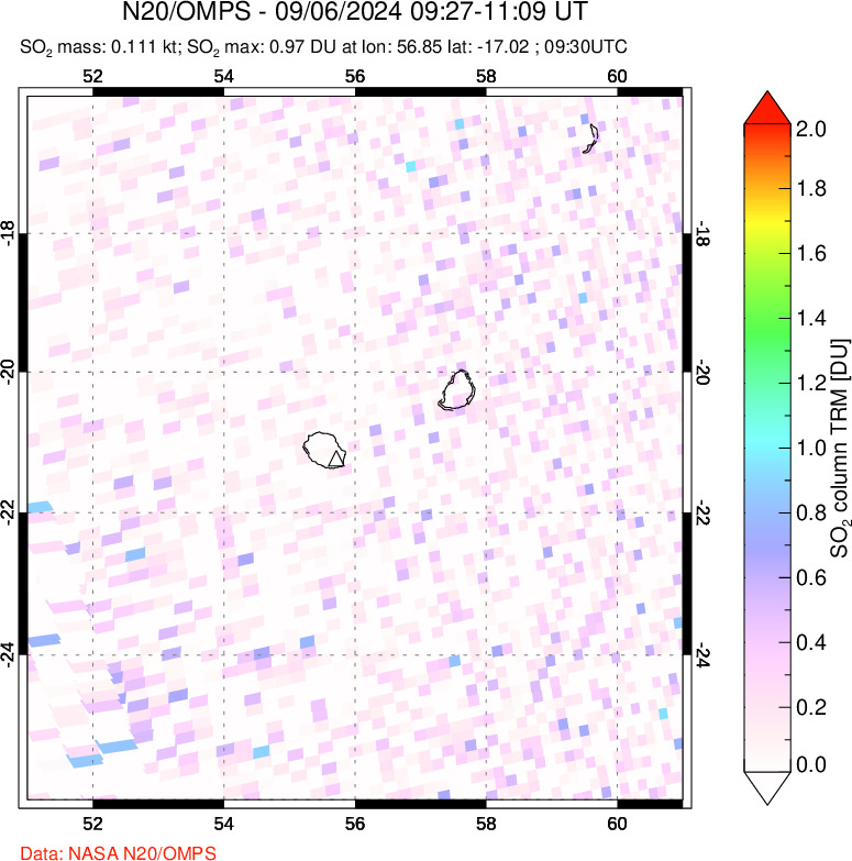 A sulfur dioxide image over Reunion Island, Indian Ocean on Sep 06, 2024.