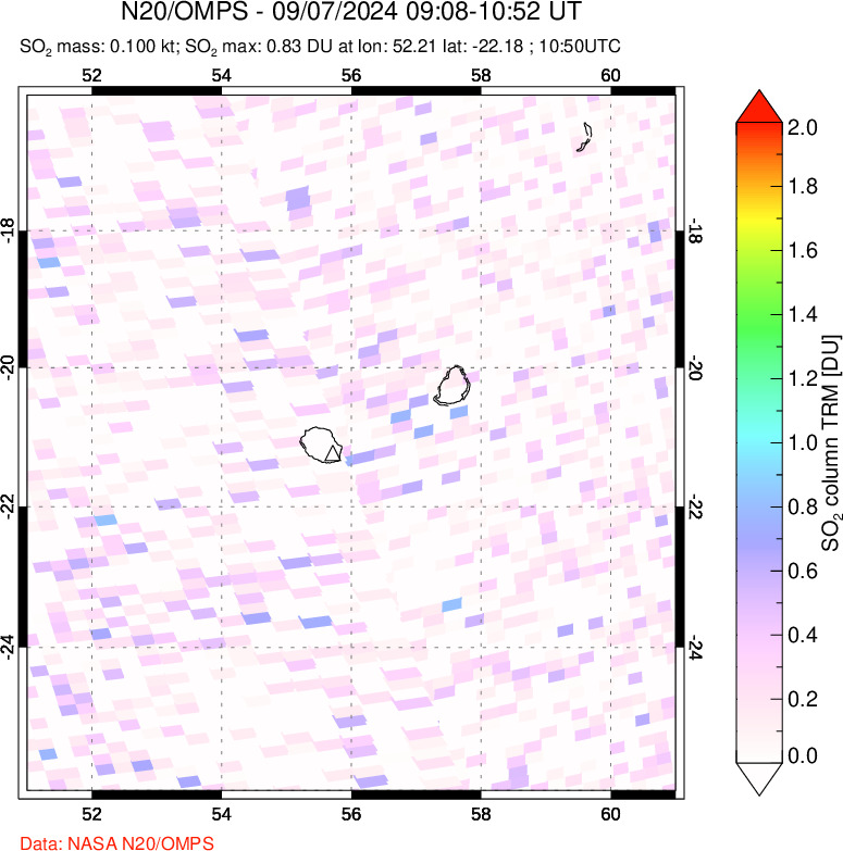 A sulfur dioxide image over Reunion Island, Indian Ocean on Sep 07, 2024.