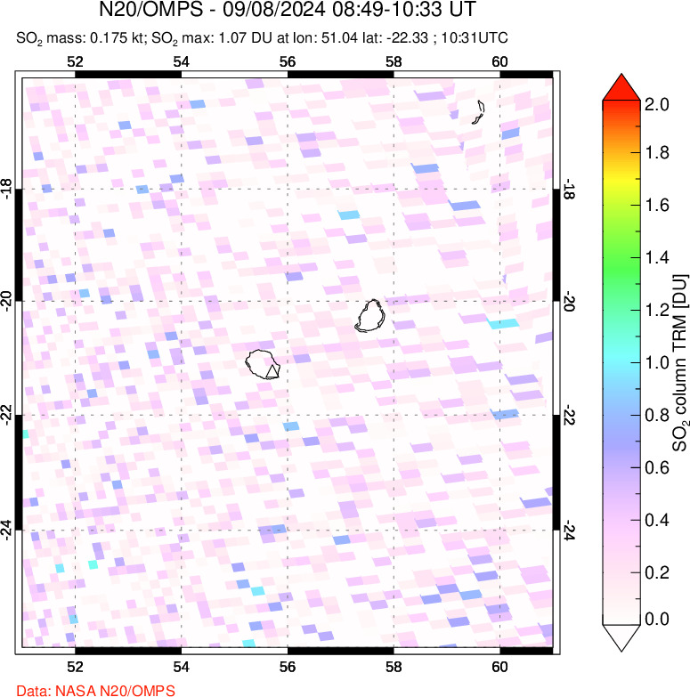 A sulfur dioxide image over Reunion Island, Indian Ocean on Sep 08, 2024.