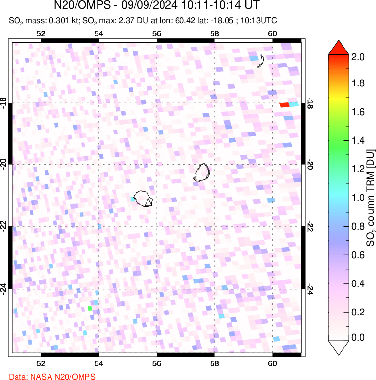 A sulfur dioxide image over Reunion Island, Indian Ocean on Sep 09, 2024.