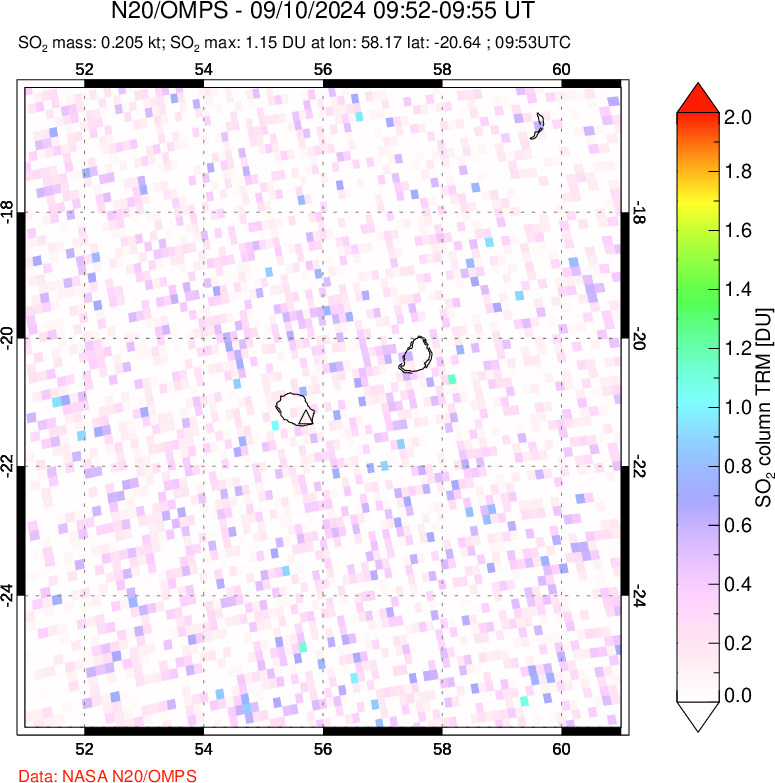 A sulfur dioxide image over Reunion Island, Indian Ocean on Sep 10, 2024.