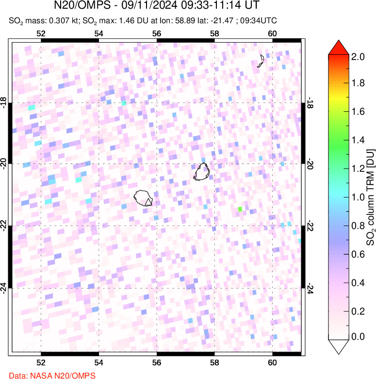 A sulfur dioxide image over Reunion Island, Indian Ocean on Sep 11, 2024.